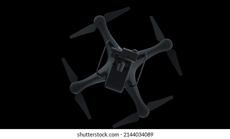 Powerful  Black Drone Loaded With Some Of Most Advanced Imaging And Flight Technologies Under Black Background. Concept Image Of Video Production, Agriculture Solution And Public Safety. 3D CG.