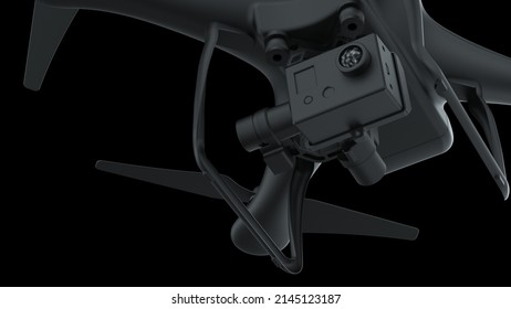 Powerful  Black Drone Loaded With Some Of Most Advanced Imaging And Flight Technologies Under Black Background. Concept Image Of Video Production, Agriculture Solution And Public Safety. 3D CG.