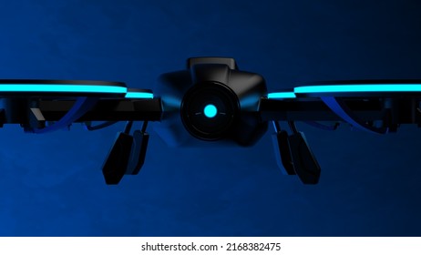 Powerful  Black Drone Loaded With Some Of Most Advanced Imaging And Flight Technologies Under Blue-black Background. Concept Image Of Video Production, Agriculture Solution And Public Safety. 3D CG.