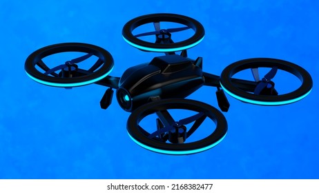 Powerful  Black Drone Loaded With Some Of Most Advanced Imaging And Flight Technologies Under Blue-black Background. Concept Image Of Video Production, Agriculture Solution And Public Safety. 3D CG.