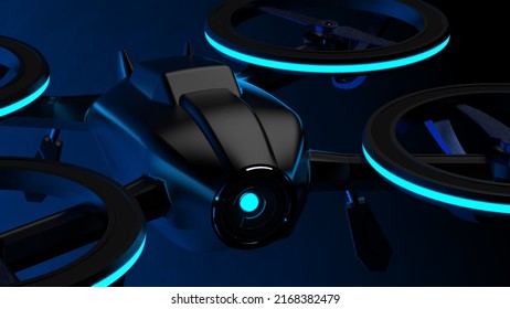 Powerful  Black Drone Loaded With Some Of Most Advanced Imaging And Flight Technologies Under Blue-black Background. Concept Image Of Video Production, Agriculture Solution And Public Safety. 3D CG.