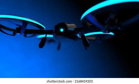 Powerful  Black Drone Loaded With Some Of Most Advanced Imaging And Flight Technologies Under Blue-black Background. Concept Image Of Video Production, Agriculture Solution And Public Safety. 3D CG.