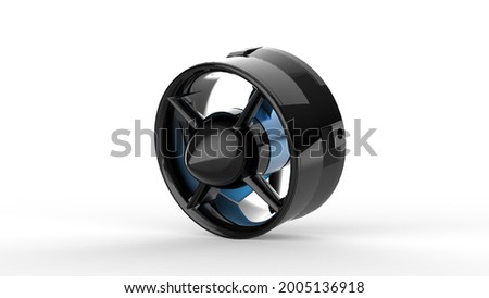 Powerful Bow thruster. Propellers on a motor yacht close-up. Jet engine turbine as isolated plane part, rocket booster or thruster illustration 3D rendering, product advertisement design mockup.
