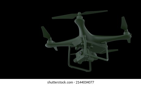 Powerful Dark Green Drone Loaded With Some Of Most Advanced Imaging And Flight Technologies Under Black Background. Concept Image Of Video Production, Agriculture Solution And Public Safety. 3D CG.