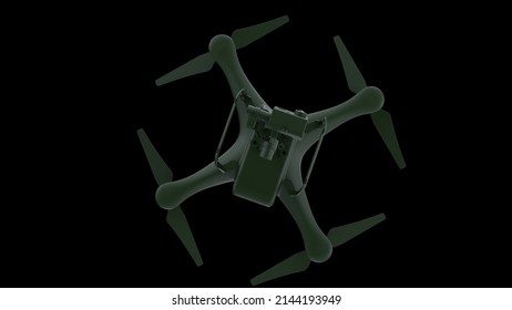 Powerful Dark Green Drone Loaded With Some Of Most Advanced Imaging And Flight Technologies Under Black Background. Concept Image Of Video Production, Agriculture Solution And Public Safety. 3D CG.