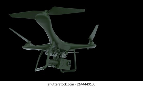 Powerful Dark Green Drone Loaded With Some Of Most Advanced Imaging And Flight Technologies Under Black Background. Concept Image Of Video Production, Agriculture Solution And Public Safety. 3D CG.