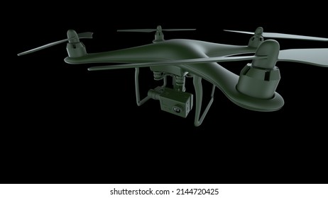 Powerful Dark Green Drone Loaded With Some Of Most Advanced Imaging And Flight Technologies Under Black Background. Concept Image Of Video Production, Agriculture Solution And Public Safety. 3D CG.