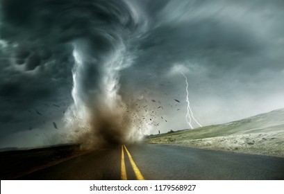 A powerful and dark storm producing a tornado crossing through fields and roads. Dramatic Landscape Mixed media illustration.