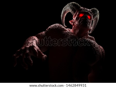 Powerful demon, devil, imp, monster with twisted horns, luminous eyes, muscle hillocks and scary skin. 3d render