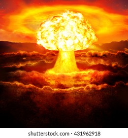 Powerful explosion of the atomic bomb in the desert. Nuclear war. A high resolution.