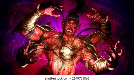 A powerful four-armed genie with red skin and a sinister laughing face with white fanged teeth against the background of a black universe oppresses the core of light with his black magic. 2d art
