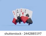 A powerful hand of four aces, interspersed with colorful poker chips, set against a soothing light blue background, signifying high-ranking card hands. 3D render illustration