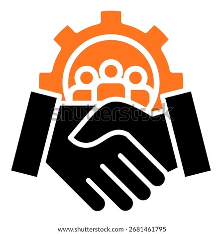 A powerful icon showcasing a handshake between two entities, surrounded by a gear and a group of people.