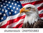A powerful image of a bald eagle in sharp focus against a vibrant American flag backdrop. The eagle, with its piercing eyes and detailed feathers, symbolizes strength and freedom. Perfect for patrioti