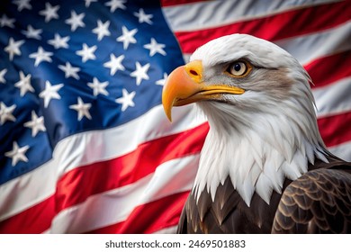 A powerful image of a bald eagle in sharp focus against a vibrant American flag backdrop. The eagle, with its piercing eyes and detailed feathers, symbolizes strength and freedom. Perfect for patrioti