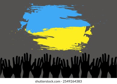 A powerful image of unity and solidarity, featuring raised hands silhouetted against a background of the Ukrainian flag in bold brushstrokes.
 - Powered by Shutterstock