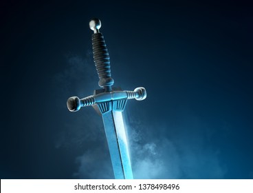 A powerful and mythical ancient silver battle sword. 3D illustration.