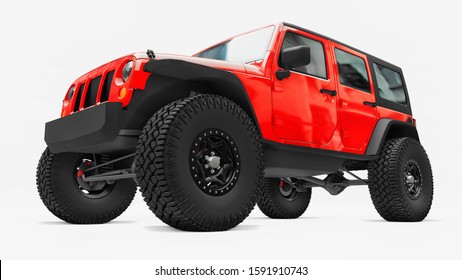 Powerful Red Tuned SUV For Expeditions In Mountains, Swamps, Desert And Any Rough Terrain. Big Wheels, Lift Suspension For Steep Obstacles. 3d Rendering.