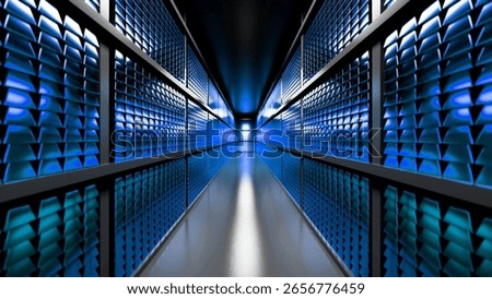 Powerful servers glowing blue and generating heat inside a modern data center, suggesting concepts of cloud computing, big data, and information technology
