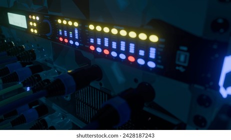 powerful sound processing, amplification, mixing system, concert, blurred focus, sci-fi style abstraction, 3D rendering