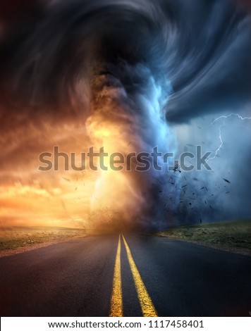 A powerful supercell storm at sunset producing a huge and destructive tornado touching down on a highway road. Mixed media illustration.