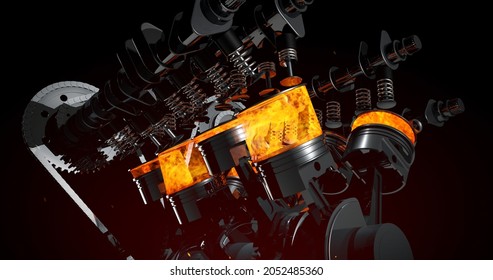 Powerful V8 Engine Working. Sparks And Flames. Machines And Industry 3D Illustration Render.