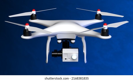 Powerful  White Drone Loaded With Some Of Most Advanced Imaging And Flight Technologies Under Blue-black Background. Concept Image Of Video Production, Agriculture Solution And Public Safety. 3D CG.