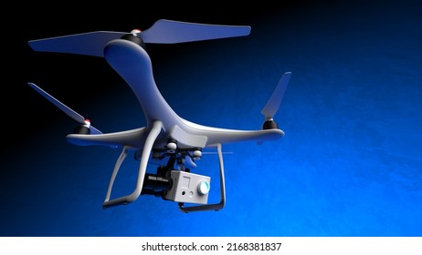 Powerful  White Drone Loaded With Some Of Most Advanced Imaging And Flight Technologies Under Blue-black Background. Concept Image Of Video Production, Agriculture Solution And Public Safety. 3D CG.