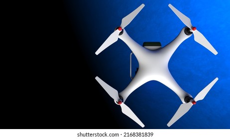 Powerful  White Drone Loaded With Some Of Most Advanced Imaging And Flight Technologies Under Blue-black Background. Concept Image Of Video Production, Agriculture Solution And Public Safety. 3D CG.