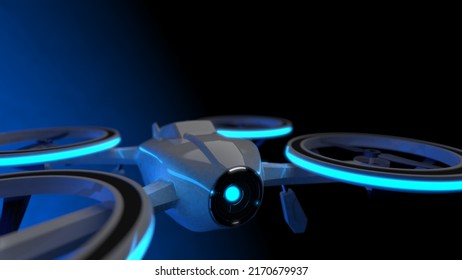 Powerful  White Drone Loaded With Some Of Most Advanced Imaging And Flight Technologies Under Blue-black Background. Concept Image Of Video Production, Agriculture Solution And Public Safety. 3D CG.