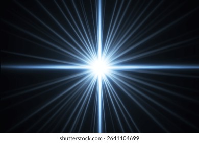 Powerful white light source at center bursts forth with distinct horizontal and vertical cross-shaped flares, radiating numerous crisp, cool beams into the deep, dark background