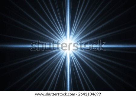 Powerful white light source at center bursts forth with distinct horizontal and vertical cross-shaped flares, radiating numerous crisp, cool beams into the deep, dark background