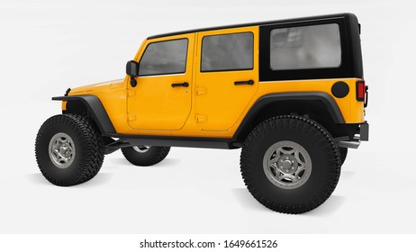 Powerful Yellow Tuned SUV For Expeditions In Mountains, Swamps, Desert And Any Rough Terrain. Big Wheels, Lift Suspension For Steep Obstacles. 3d Rendering.