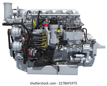 Powertrain diesel engine 3D rendering on white background