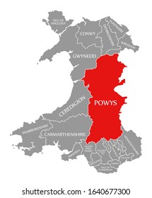 Powys Red Highlighted In Map Of Wales