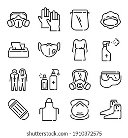 Ppe Line Icons. Medical Covid-19 Protection Equipments. Outline Doctor Gown, Face Mask And Shield, Hair Cover, Apron And Goggles.  Set Equipment To Care And Sanitizing Illustration