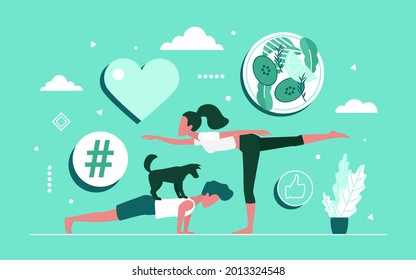 Practice yoga together concept illustration. Cartoon yogi people group doing yoga exercises, practicing fitness workout, sport and healthy eating diet, lifestyle for body health background - Powered by Shutterstock