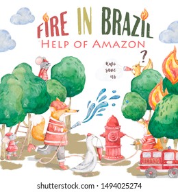 Pray For Amazonia Forest Fires Burning In Amazon Brazil. Watercolor Cute Illistration With Heplers. Save Amazon Forest With Animals. Hwo Help Animals In Wild Life