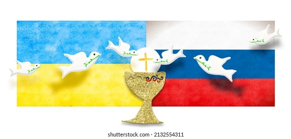 Prayer for the peace of Ukraine and Russia, the flags of the two countries with religious symbols and white doves of peace. No War.