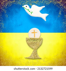 Prayer, pray, religious service for the Ukrainian people. Golden chalice and white dove on the flag of Ukraine.