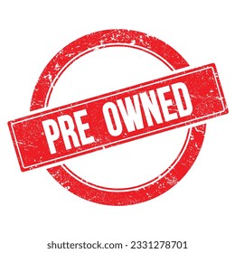PRE  OWNED text on red grungy round vintage stamp.