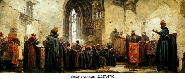 Preaching In Church, A Medieval Painting Featuring A Priest In Front Of A Crowd Of People At A Religious Mass. Historic Wallpaper, Old Artwork, Symbolism Art. Painted Artwork