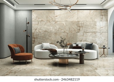 Precious living room interior with beige marble wall and floors, grey sofa set,  double coffee table at center, hanging chandelier, grey empty wall partition. 3D Rendering