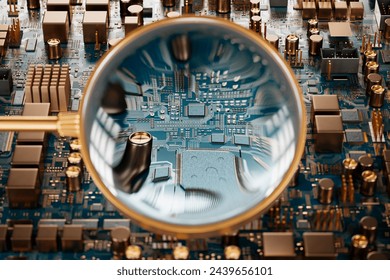A precise close-up reveals the complex intricacies of an electronic circuit board, showcasing its components under the scrutiny of a magnifying glass.