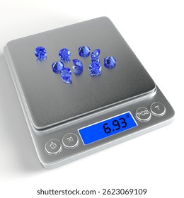 Precise digital scales with round cut blue sapphires on white background. Side view. Jewelry industry. 3d rendering.