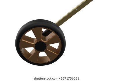 Precision 3D Render: Sturdy Bronze Wheel with Black Tire and Olive Metal Bar, a High-Resolution Industrial Design Element Isolated on White, Ideal for Technical Drawings and Digital Art