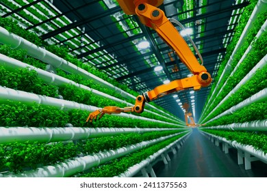 Precision robotics revolutionizing agriculture: an efficient automated arm operates amidst lush greenery in a state-of-the-art hydroponic vertical farming facility. - Powered by Shutterstock