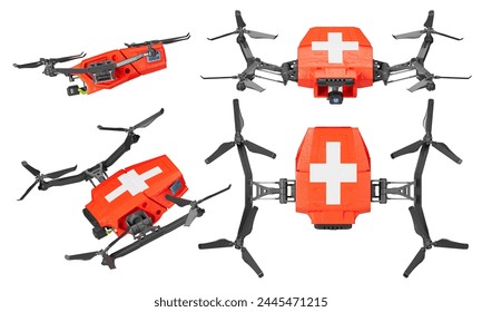 Precision-engineered drones artistically arrayed against a deep black canvas, each showcasing the distinct white cross on red of the Swiss flag, 