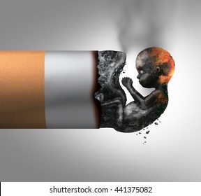 Pregnancy and smoking prenatal maternity health risk as a cigarette with the ashes shaped as a human fetus as a pregnant mother or parent dangerous smoke habit symbol with 3D illustration elements.