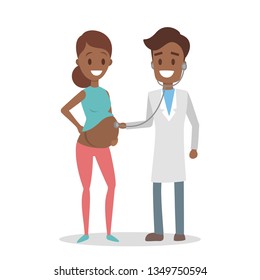Pregnant african american woman visiting male doctor in hospital. Patient is examined by professional. Checking belly by stethoscope. Isolated flat  illustration